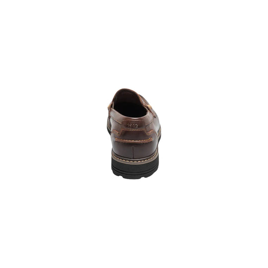 Brown leather loafer shown from the back with black rubber sole and stitched heel detail