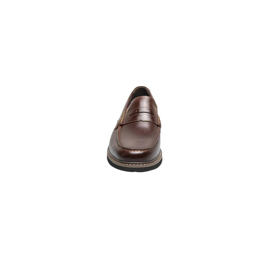 Brown leather penny loafer shown from the front