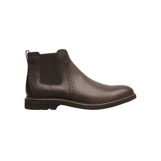 Brown leather Chelsea boot with elastic side panels and brogue detailing