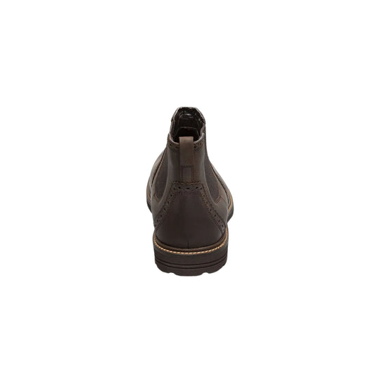 Brown leather Chelsea boot shown from the back with a pull tab and brogue detailing