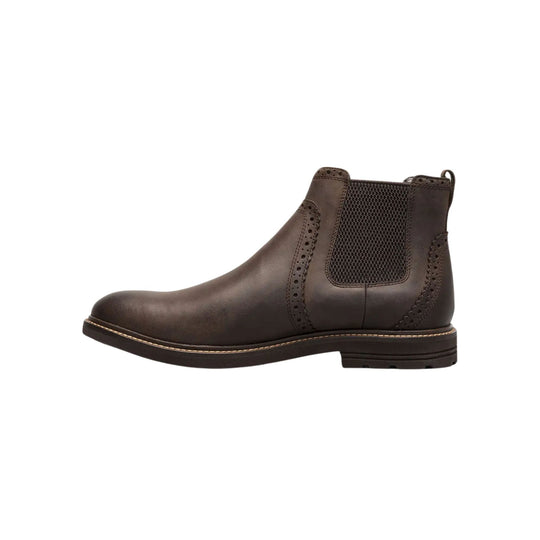 Brown leather Chelsea boot with brogue detailing and elastic side panels