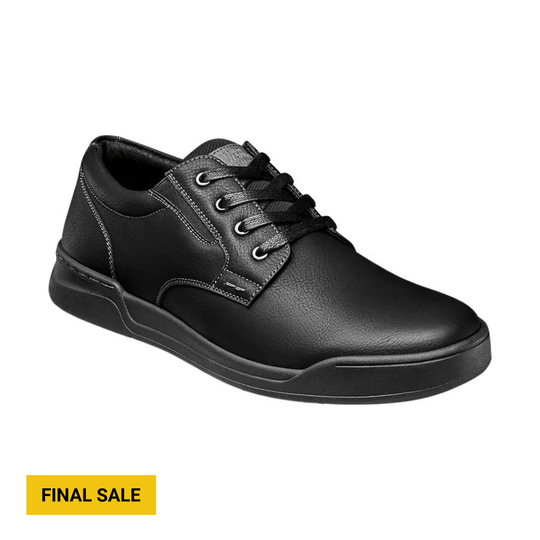 Black lace-up oxford shoe with stitched panels and a thick rubber sole