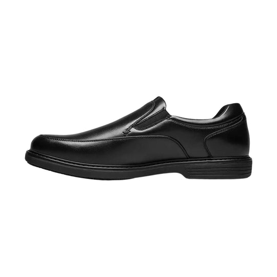 Black slip-on work shoe with a smooth leather upper and low heel