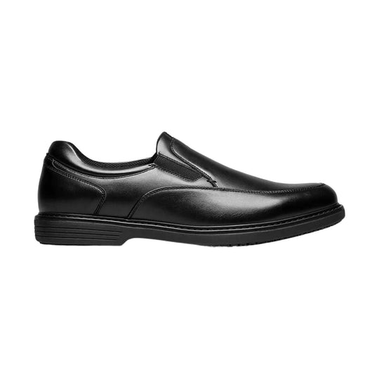Black slip-on work shoe with smooth leather upper and thick ribbed sole, side view