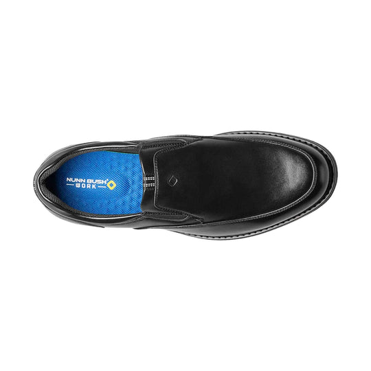 Black slip-on work shoe shown from above with a blue insole
