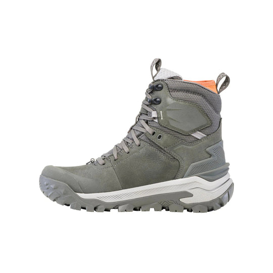 Gray mid-height hiking boot with lace-up front, lug sole, and orange collar lining