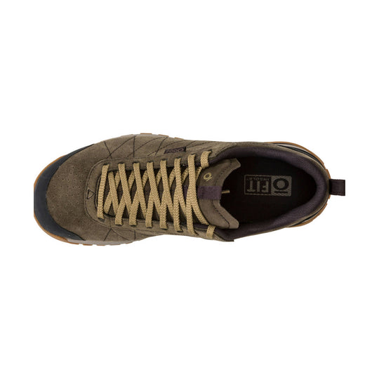 Brown low-top hiking shoe with tan laces, black toe cap, and padded collar, top view