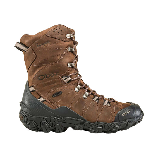 Brown insulated hiking boot with black rubber toe and heel, lace-up front, and side pull tab