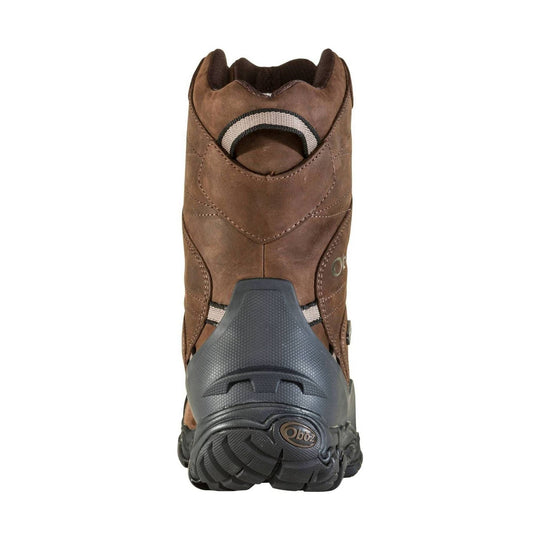 Brown leather insulated winter boot with black rubber toe and heel, rear view