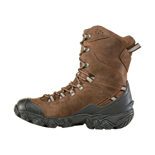 Brown insulated lace-up winter boot with black rubber toe cap and thick treaded sole, side view