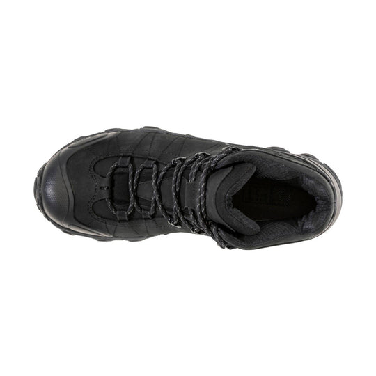 Black lace-up hiking boot viewed from above with a rugged outsole and padded collar