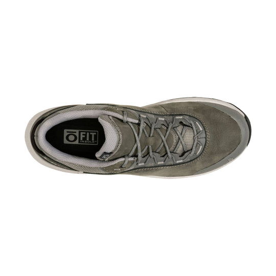Gray low-top hiking shoe seen from above with bungee laces and padded collar