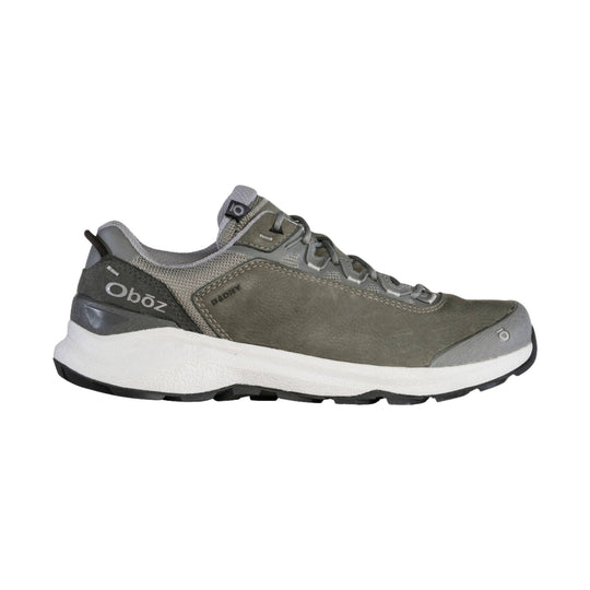 Gray low-cut hiking shoe with mesh panels, leather overlays, and a thick white midsole