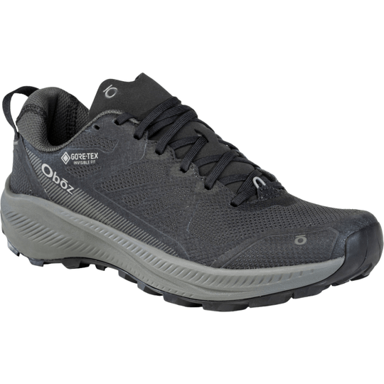 Black low-cut hiking shoe with mesh upper, gray midsole, and visible Oboz and GORE-TEX branding