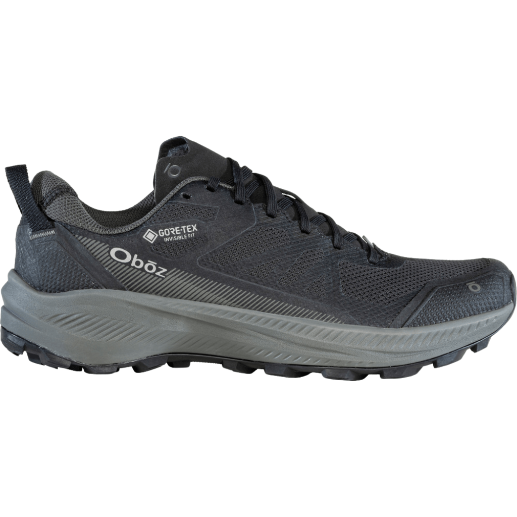 Black low-cut hiking shoe with a gray midsole, lugged outsole, and visible GORE-TEX marking