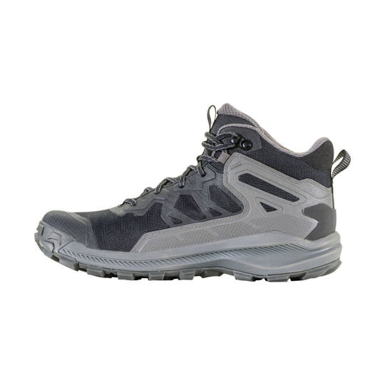 Charcoal and gray mid-top hiking boot with rugged sole and lace-up closure