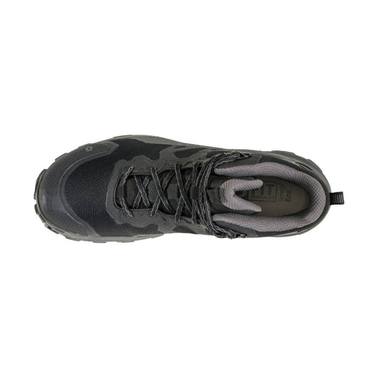 Top view of a black mid hiking boot with gray padded collar, rugged sole, and black laces