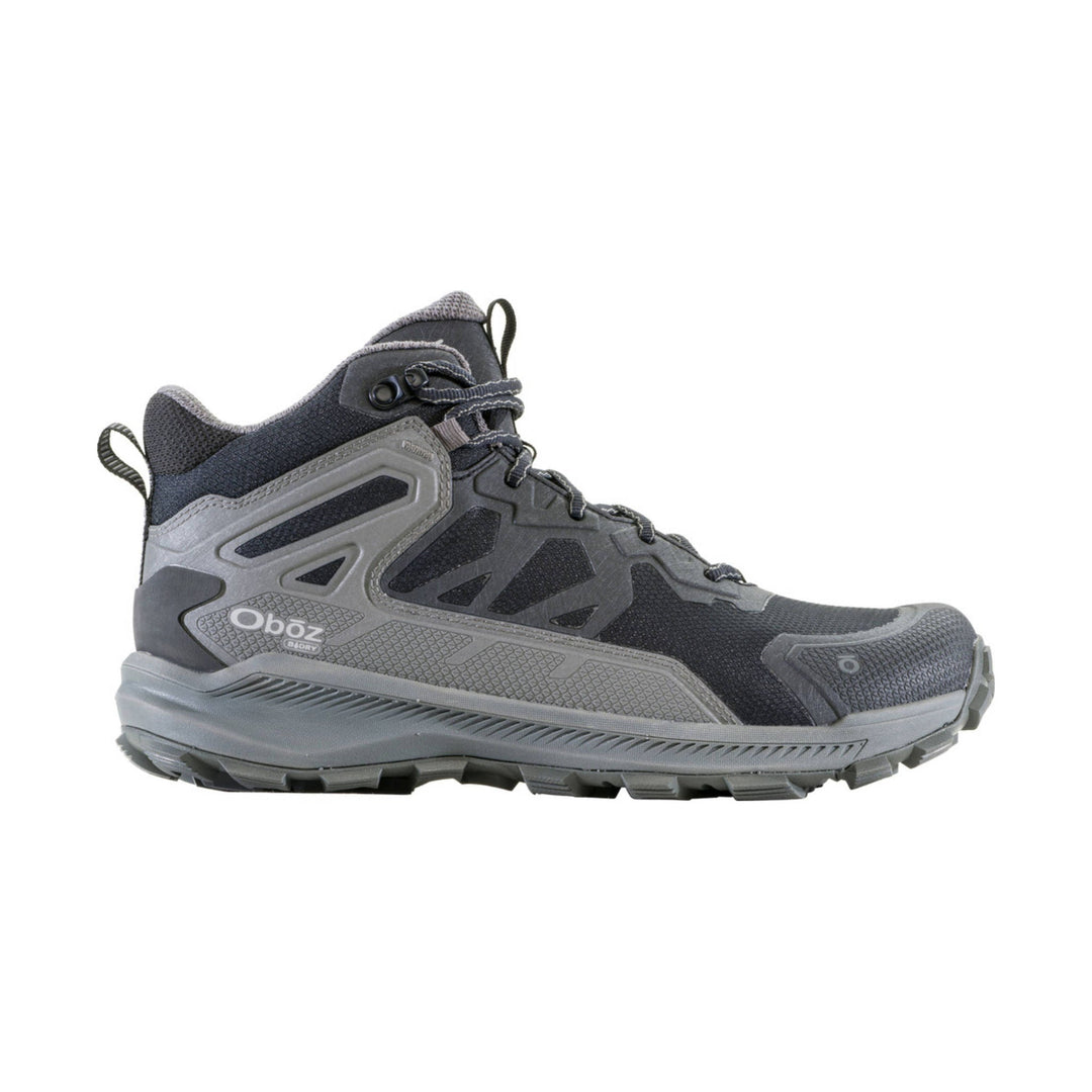 Gray mid-height hiking boot with rugged sole, laces, and side branding