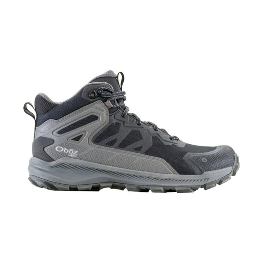 Gray mid-height hiking boot with rugged sole, laces, and side branding