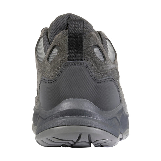 Rear view of a gray hiking shoe with mesh panels, suede overlays, and a heel pull tab.