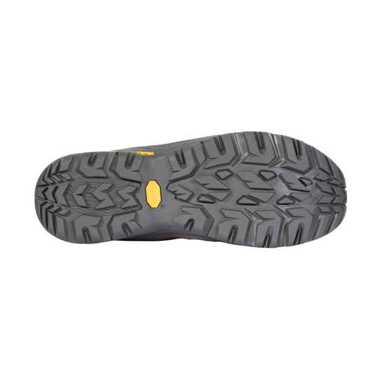 Gray hiking boot outsole with deep lug tread and yellow logo insert