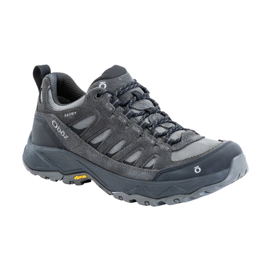 Gray low hiking shoe with mesh and suede panels, bungee laces, and a rugged sole