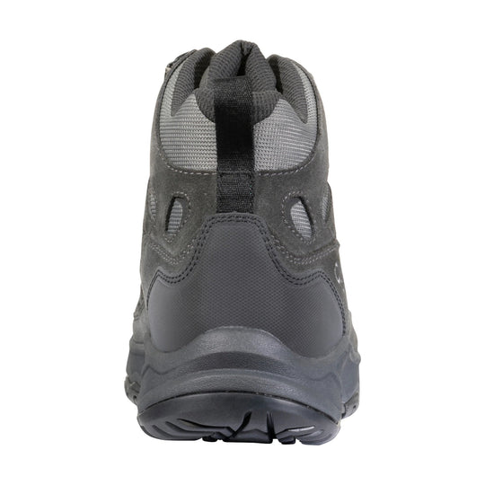 Gray mid-height hiking boot shown from the back with a pull tab and rugged sole