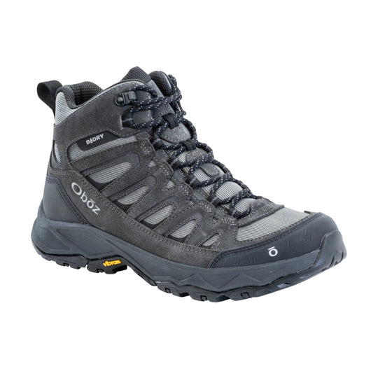 Gray mid-height hiking boot with lugged sole, bungee laces, and side logos