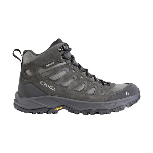 Gray mid-height hiking boot with mesh panels, black laces, and a rugged Vibram outsole