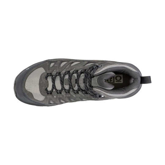 Gray mid-height hiking boot, top view, with black laces and textured mesh panels
