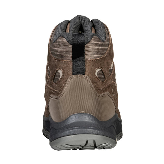 Rear view of a brown and charcoal mid-top hiking boot with mesh collar, suede panels, and thick tread