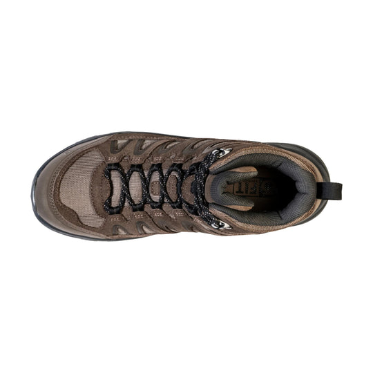Brown mid-top hiking boot with mesh panels, black laces, and a pull tab