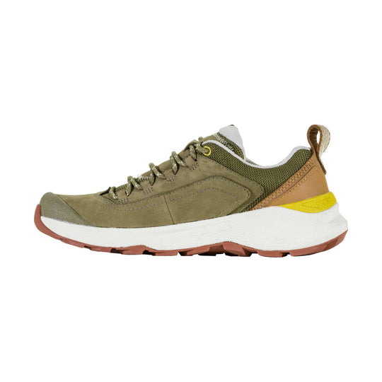 Olive low-top hiking shoe with white midsole, brown heel panel, and yellow accent
