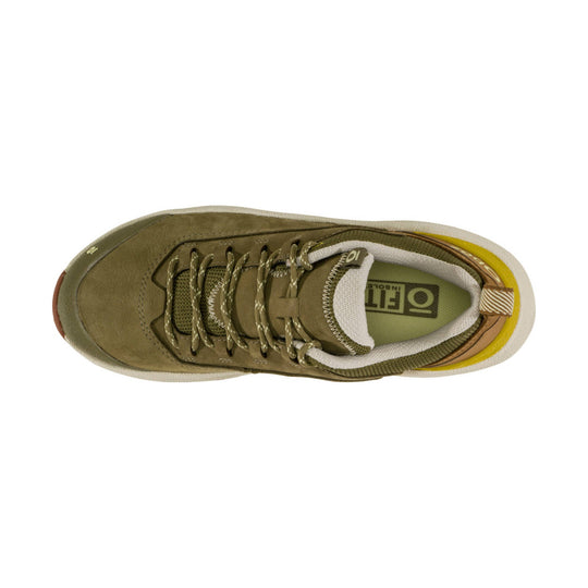 Olive low-top hiking shoe with tan laces, white collar lining, and a thick rubber sole, shown from above