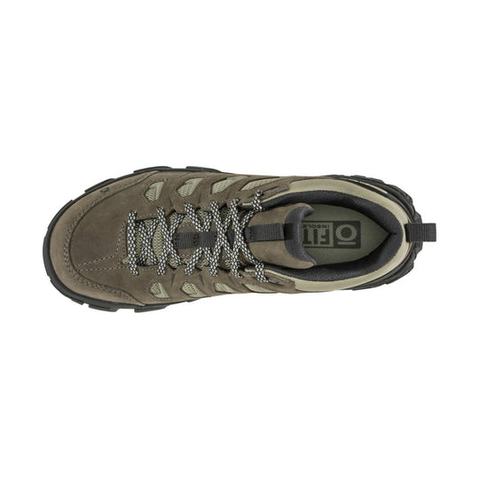 Brown and tan low hiking shoe with mesh panels, bungee laces, and black sole