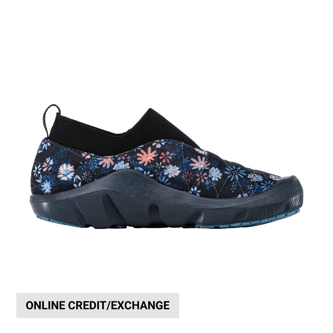 Black slip-on shoe with floral patterned upper and thick cushioned sole