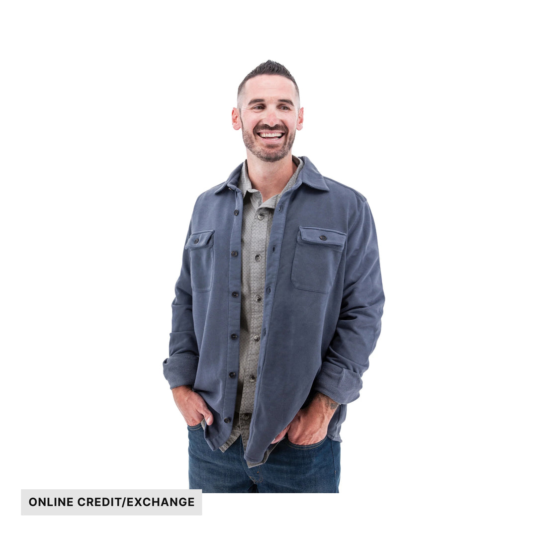 Blue-gray long-sleeve button-up overshirt on a smiling man, with visible text "ONLINE CREDIT/EXCHANGE"