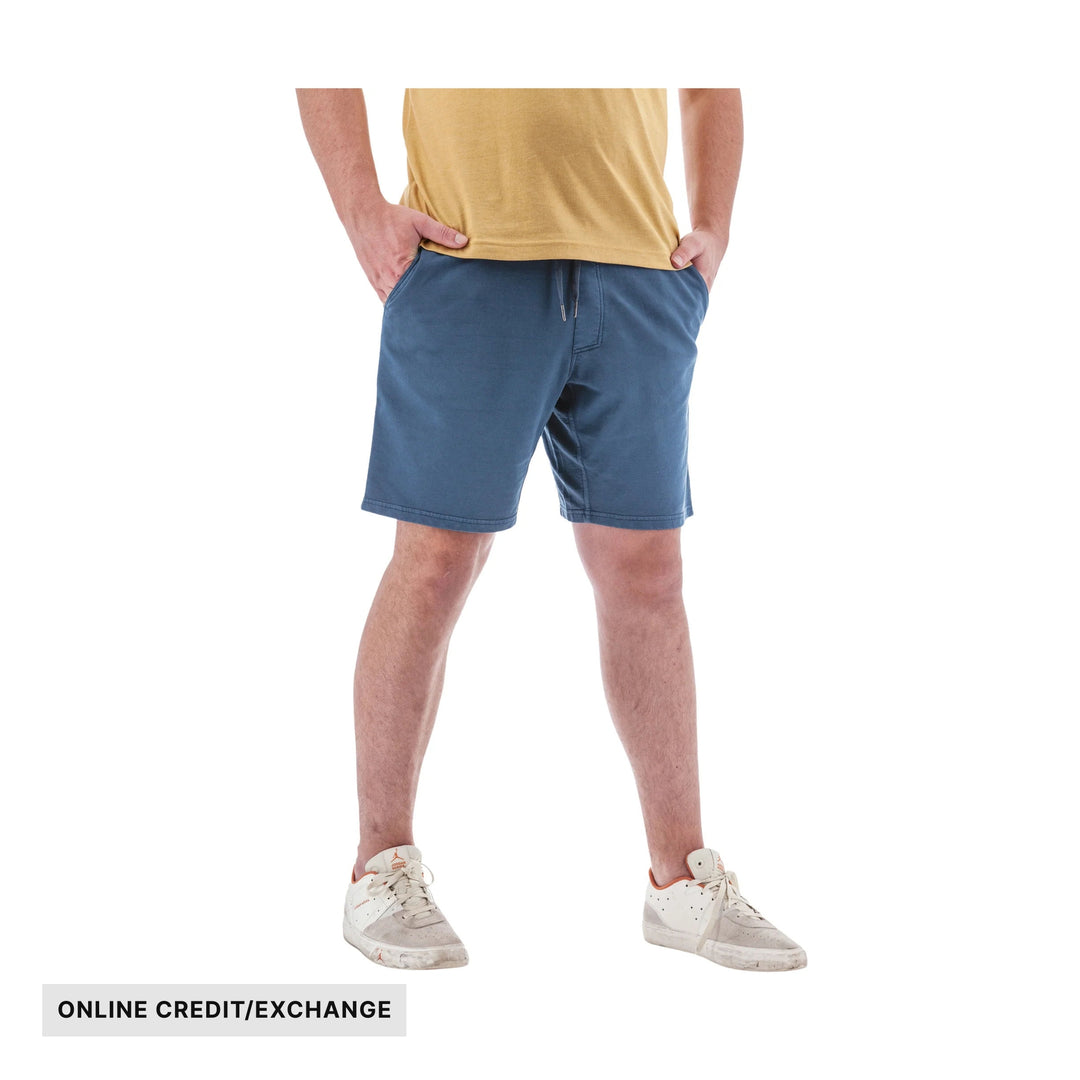 Blue pull-on knit shorts with drawstring waist on a model; text reads ONLINE CREDIT/EXCHANGE