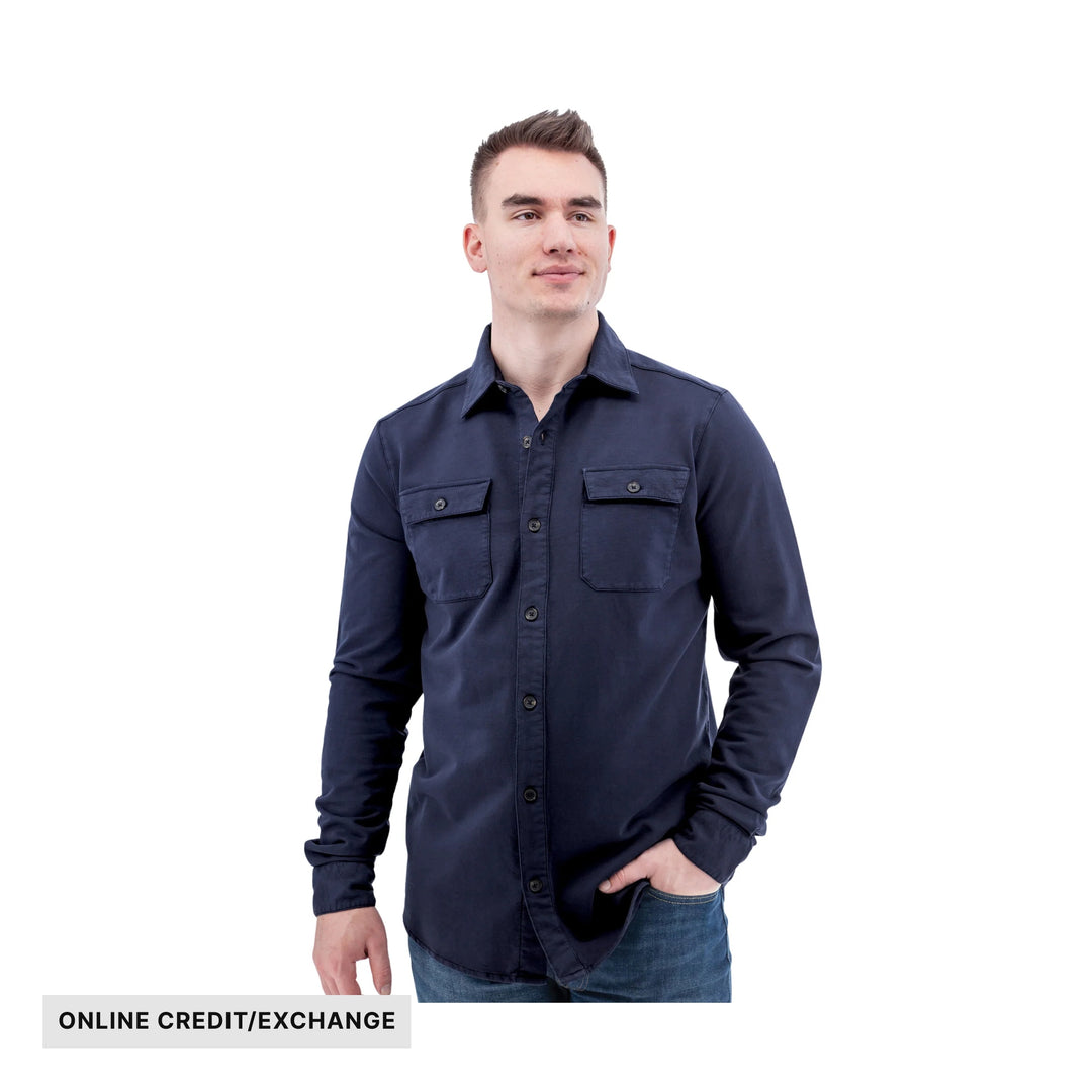 Navy long-sleeve button-up shirt with two chest pockets, shown on a male model, with ONLINE CREDIT/EXCHANGE text