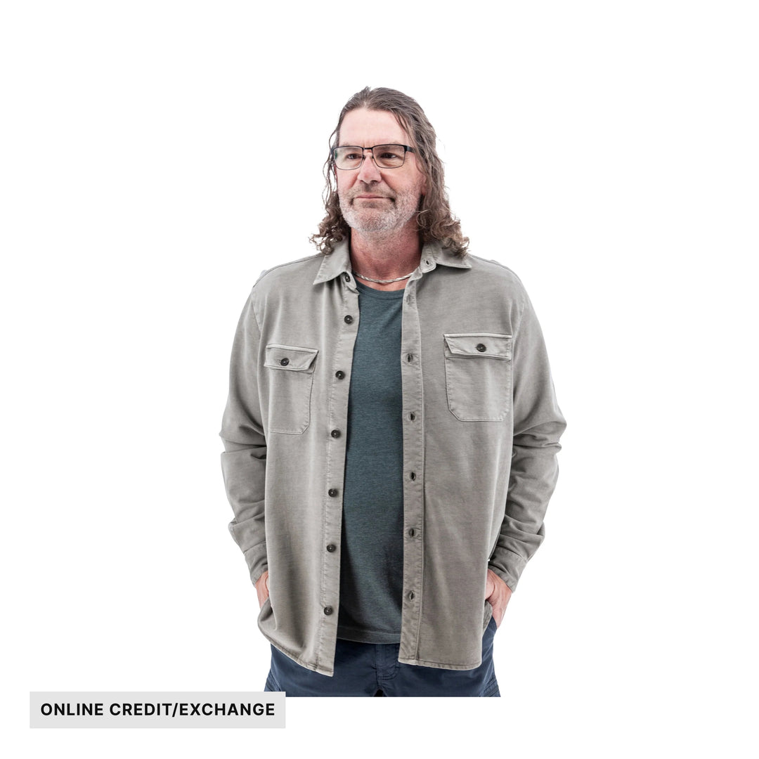 Light gray button-up overshirt worn over a dark T-shirt, with a visible "ONLINE CREDIT/EXCHANGE" label