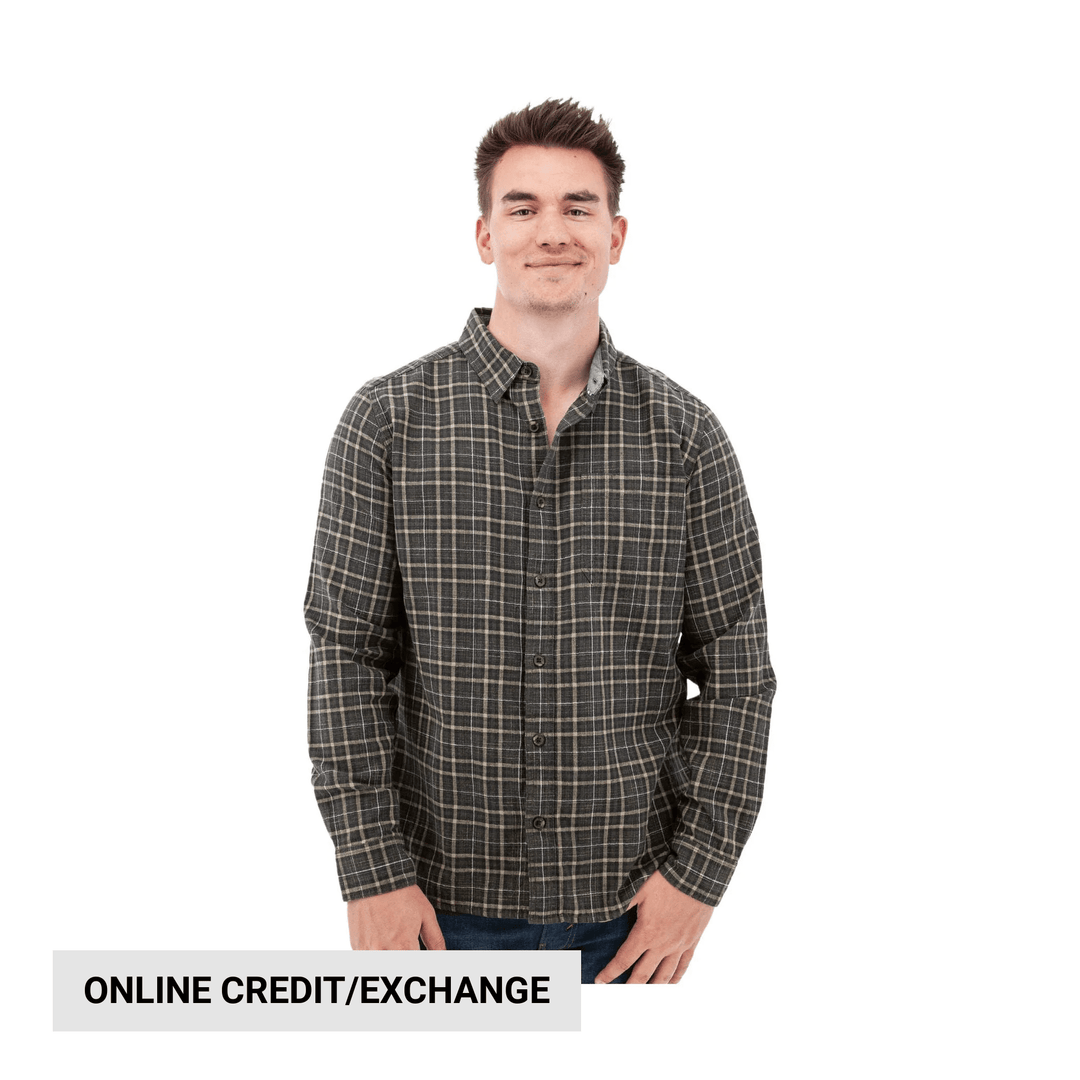Brown-and-gray plaid long-sleeve button-up shirt on a male model