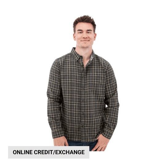 Brown-and-gray plaid long-sleeve button-up shirt on a male model