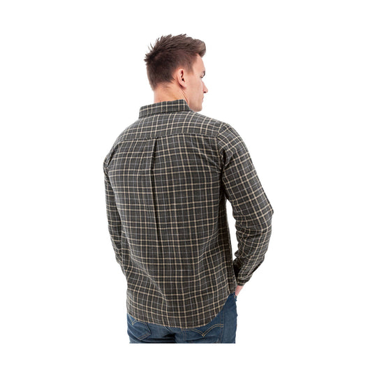 Plaid long-sleeve button-down shirt shown from the back