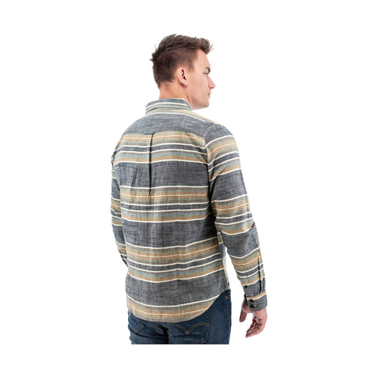 Men's long-sleeve striped button-down shirt shown from the back