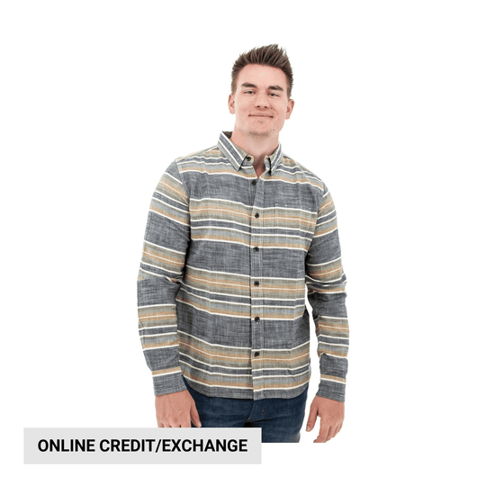 Men's long-sleeve striped button-up shirt with a chest pocket