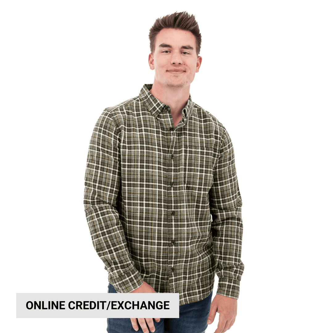 Olive plaid long-sleeve button-down shirt on a male model with an "ONLINE CREDIT/EXCHANGE" banner