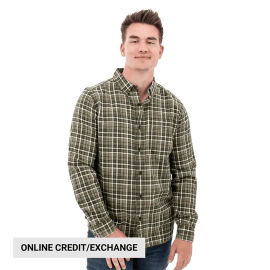Olive plaid long-sleeve button-down shirt on a male model with an "ONLINE CREDIT/EXCHANGE" banner
