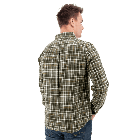 Olive plaid long-sleeve button-down shirt shown from the back