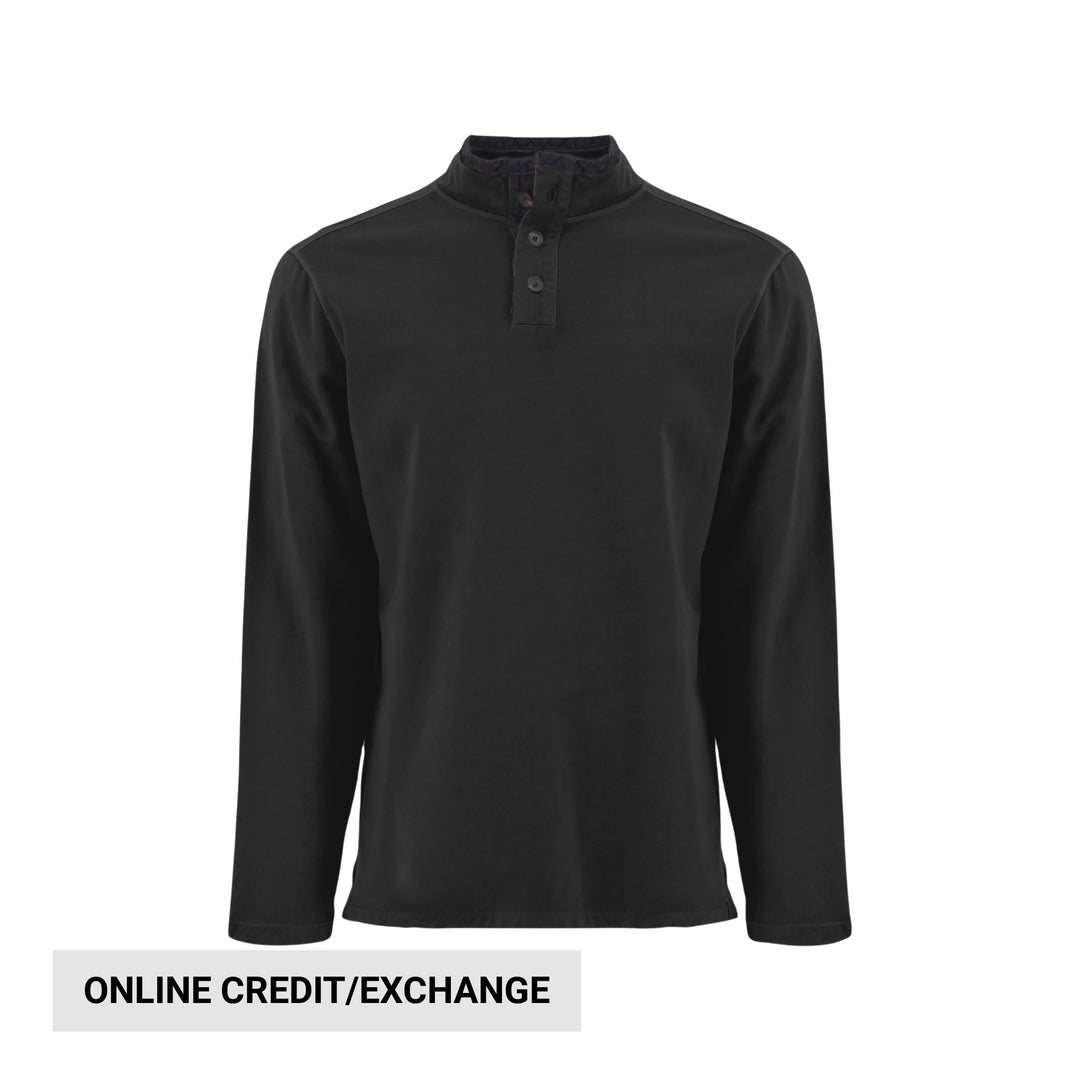 Black long-sleeve pullover shirt with a short button placket and stand collar