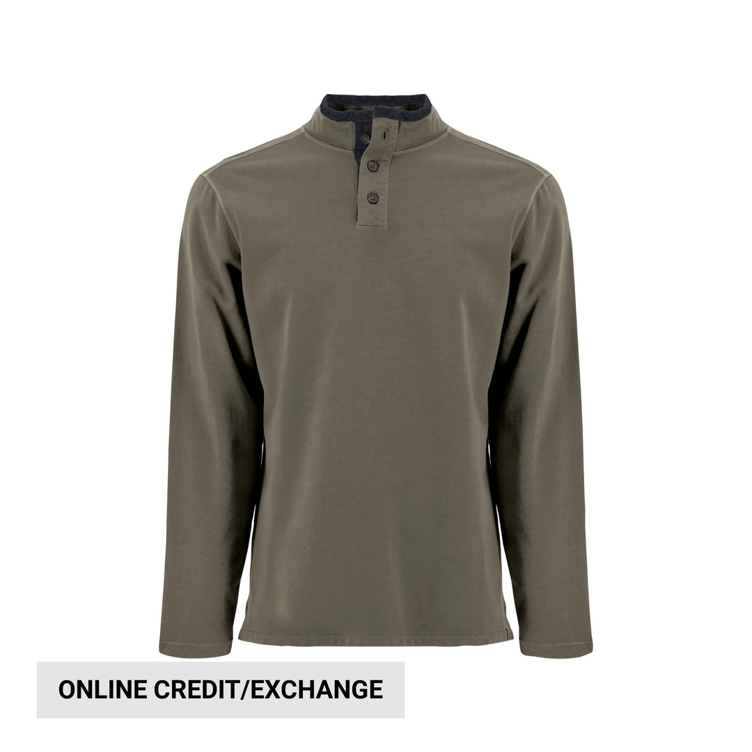 Long-sleeve olive pullover shirt with a buttoned stand collar